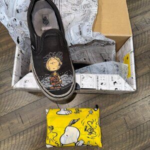 👣 RARE! Vans x Charlie Brown Pig-Pen Slip-Ons Kids Sz 2 + Bonus Snoopy Tote🐶
